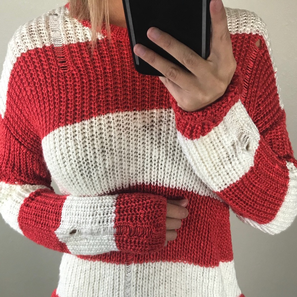 Red & White Striped Distressed Sweater - Picture 4 of 5